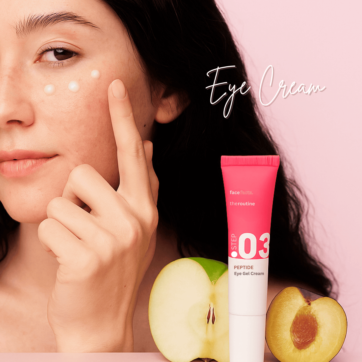 Woman applying peptide eye gel cream under eyes, gentle skincare for puffiness and dark circles, apple and plum in frame.