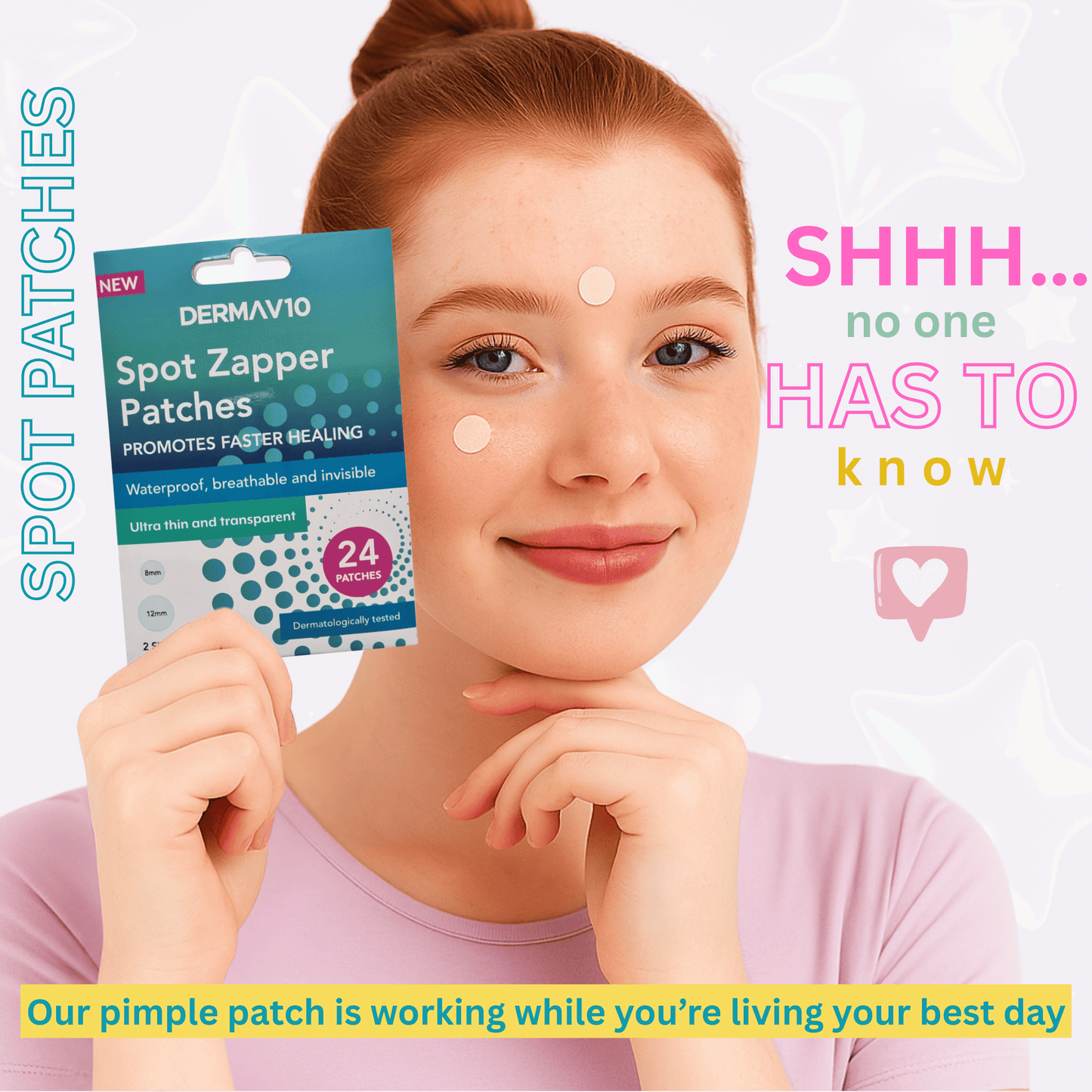 Girl using invisible pimple patches, holding packaging, perfect for discreet acne care