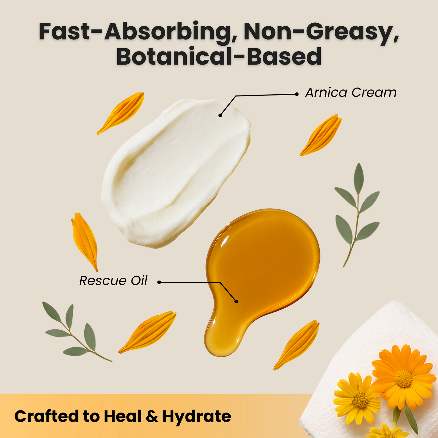 Texture swatch of rescue oil and arnica cream with botanical elements — non-greasy, hydrating formula with fast absorption.