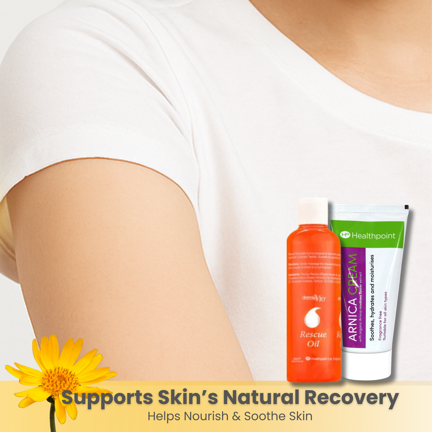 Rescue oil and arnica cream displayed on skin — supports natural recovery and helps soothe and nourish irritated areas.