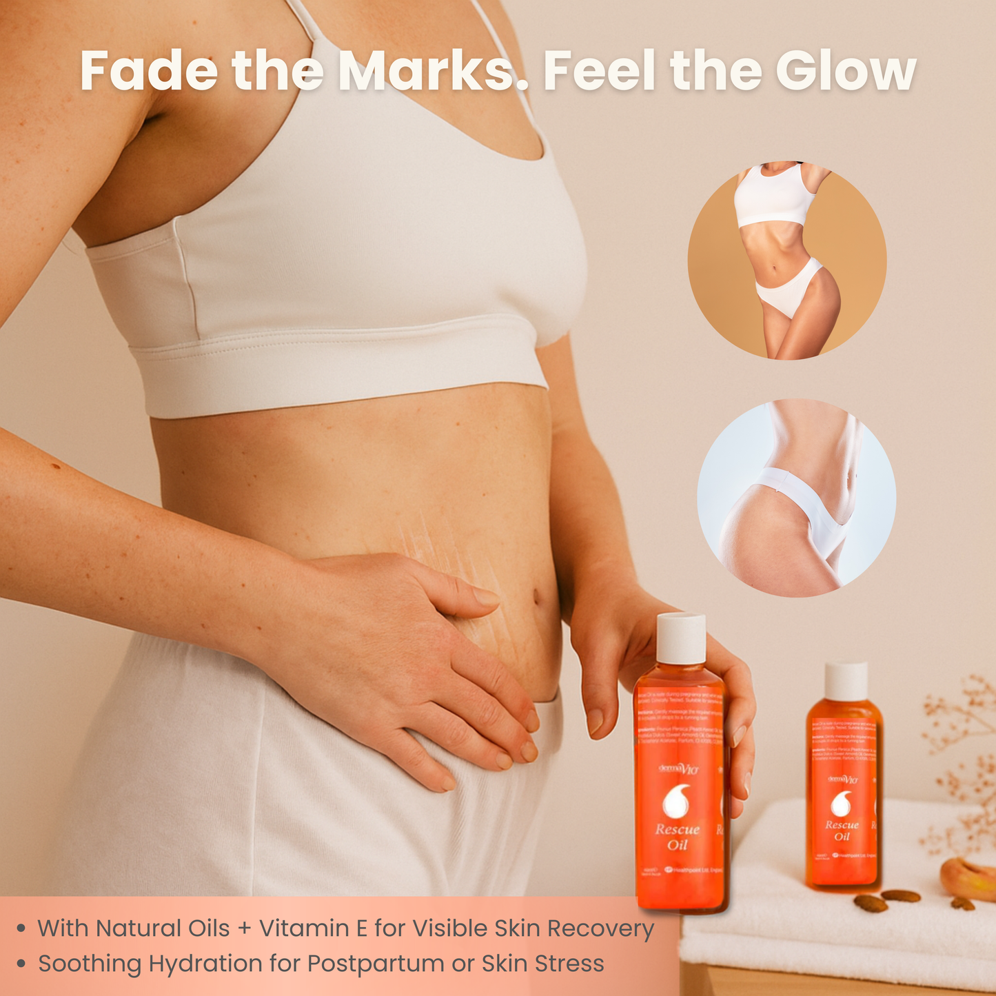 Woman applying rescue oil to stomach for postpartum stretch mark care — rich in natural oils and vitamin E for visible results.