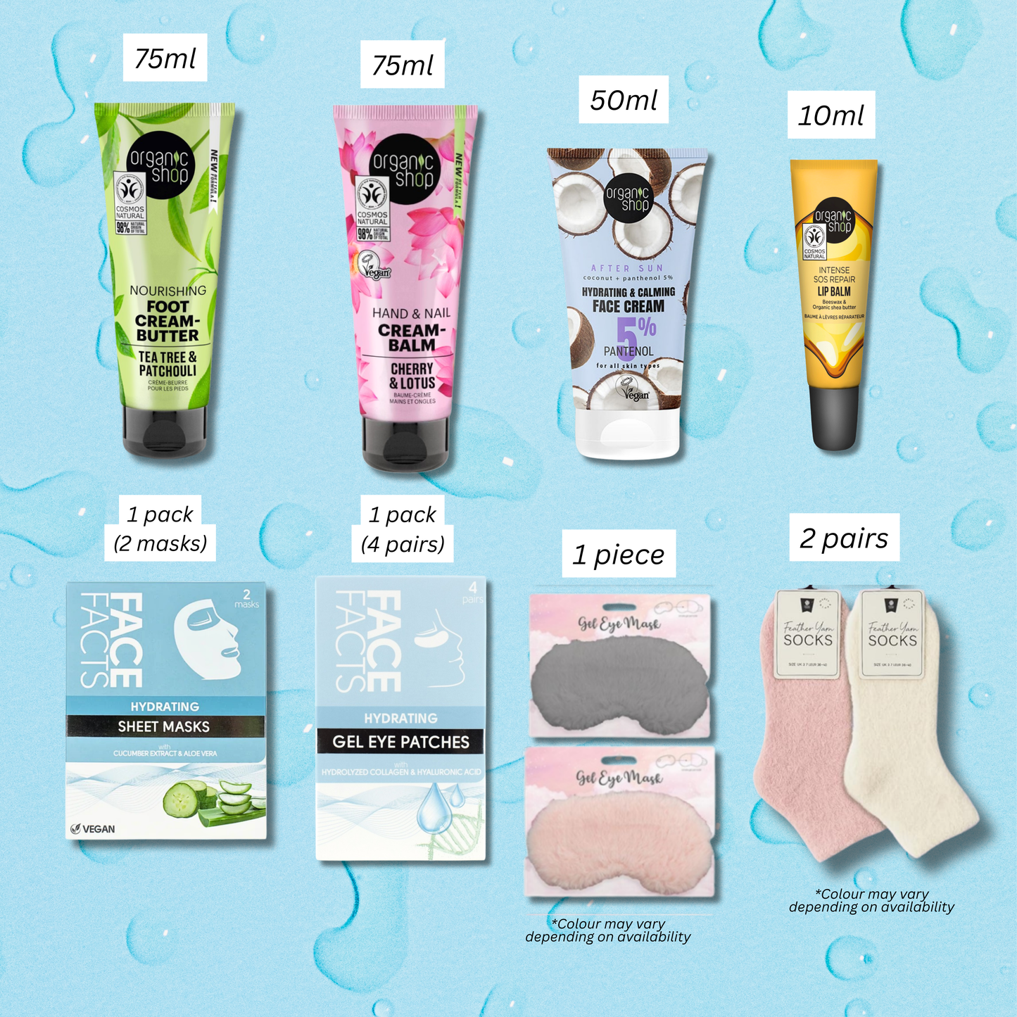 Product content and size guide showing full spa kit contents including creams, sheet masks, eye masks, and cozy socks