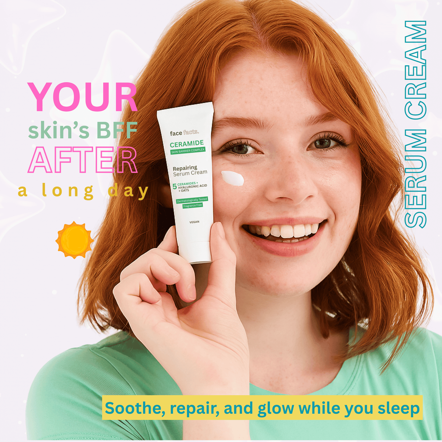Close-up of girl applying ceramide serum cream, nighttime skin recovery product