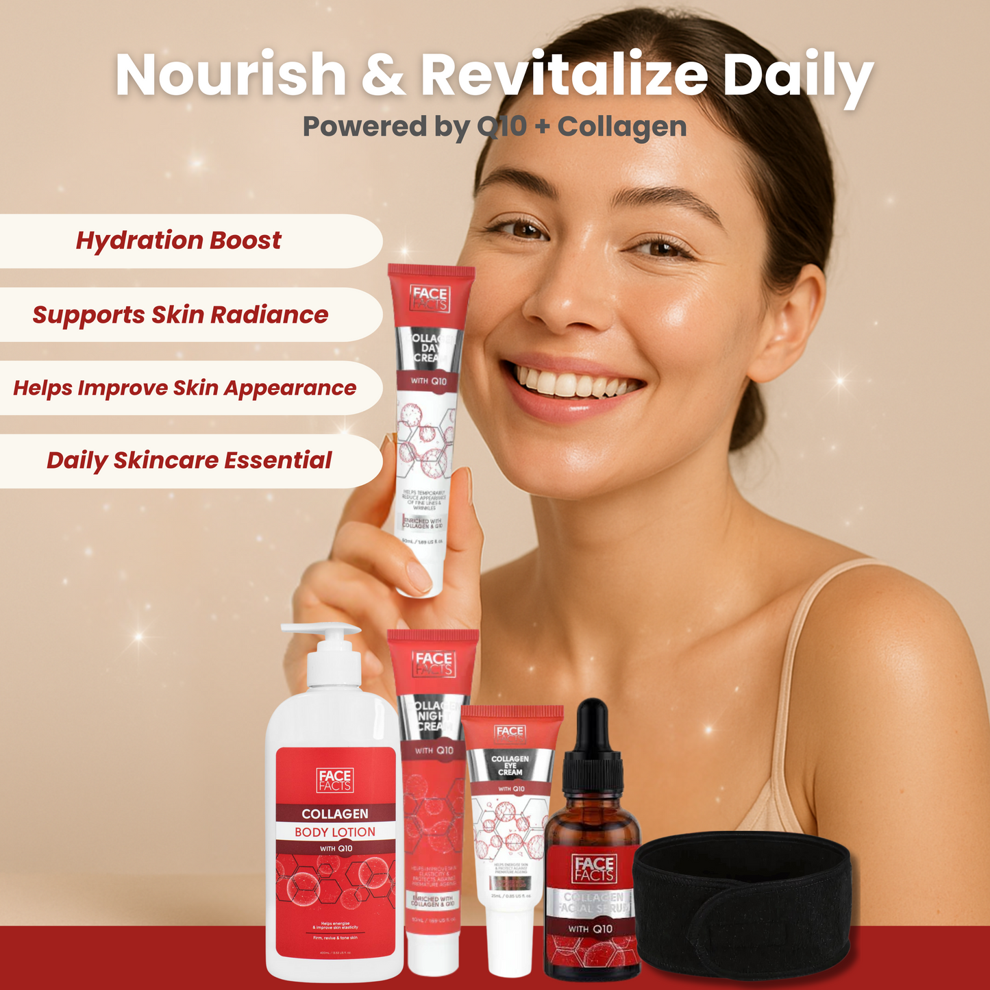 Woman smiling and holding full set of skincare gift set with day cream, night cream, serum, eye cream, and headband