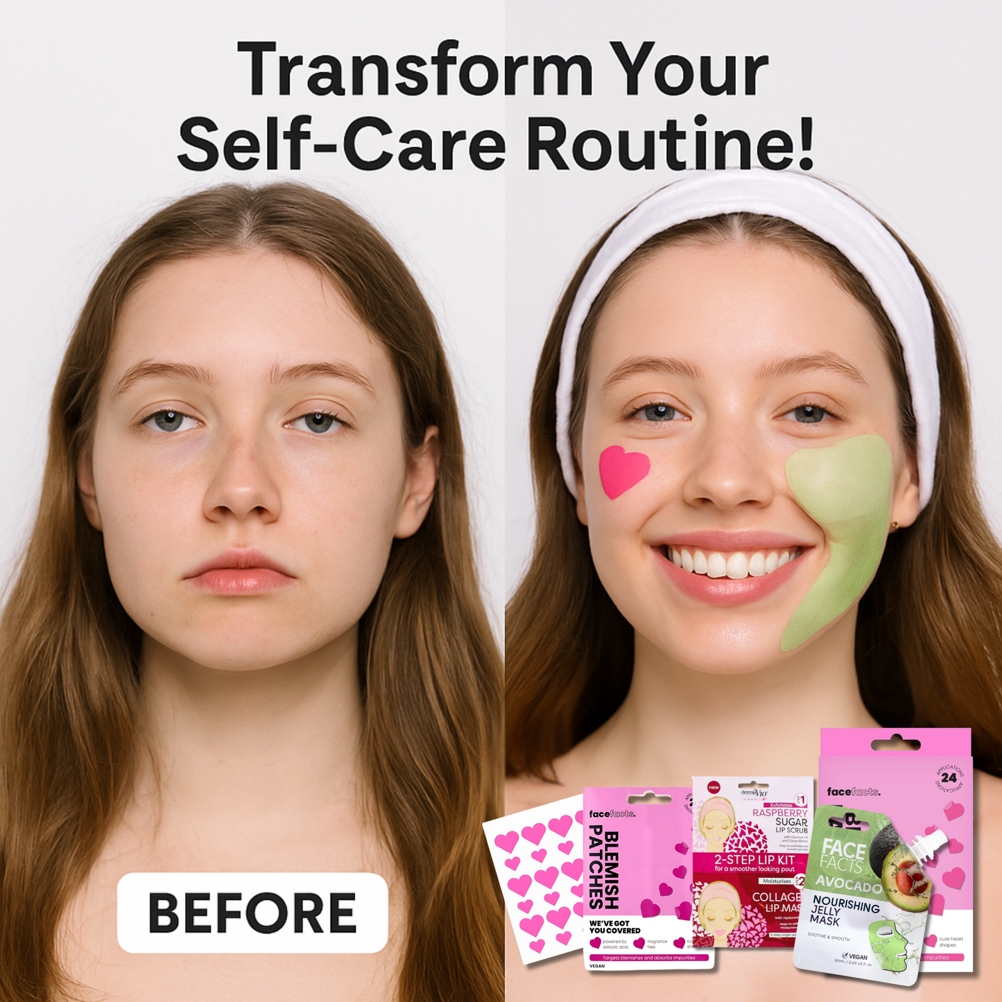 Teen girl before and after using blemish patches and jelly mask from skincare gift set