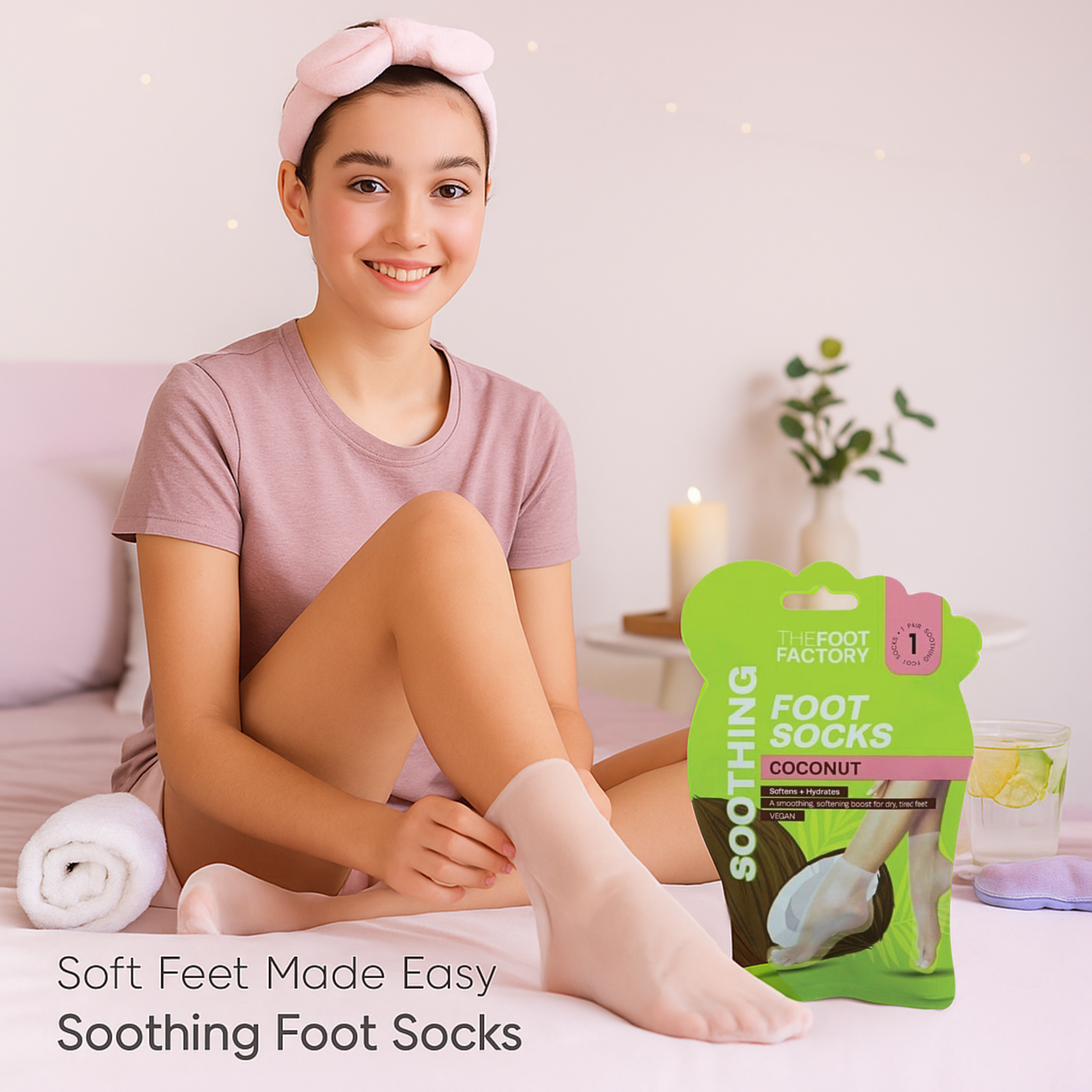 Teen girl using soothing coconut foot socks from pamper gift set – cozy self-care moment