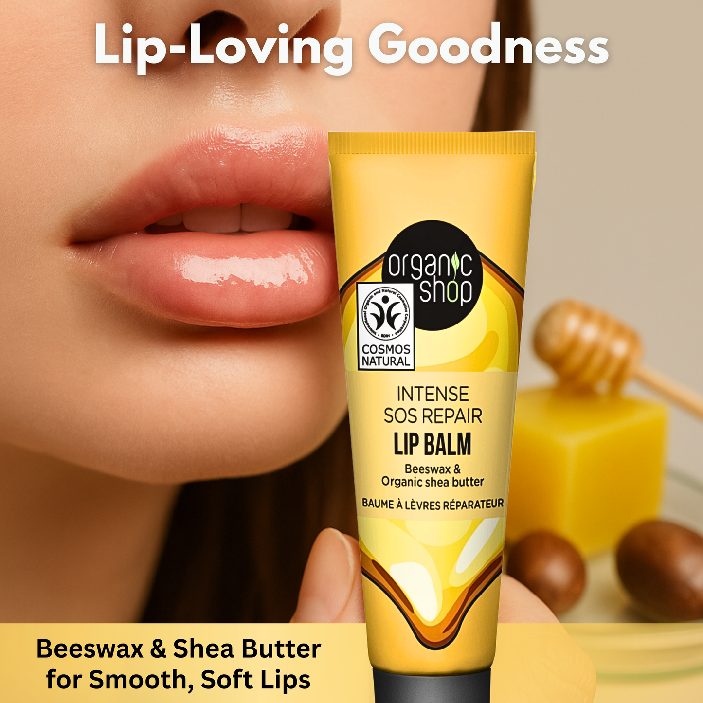 Close-up of glossy lips with Organic Shop SOS Repair Lip Balm made with beeswax and shea butter for hydration