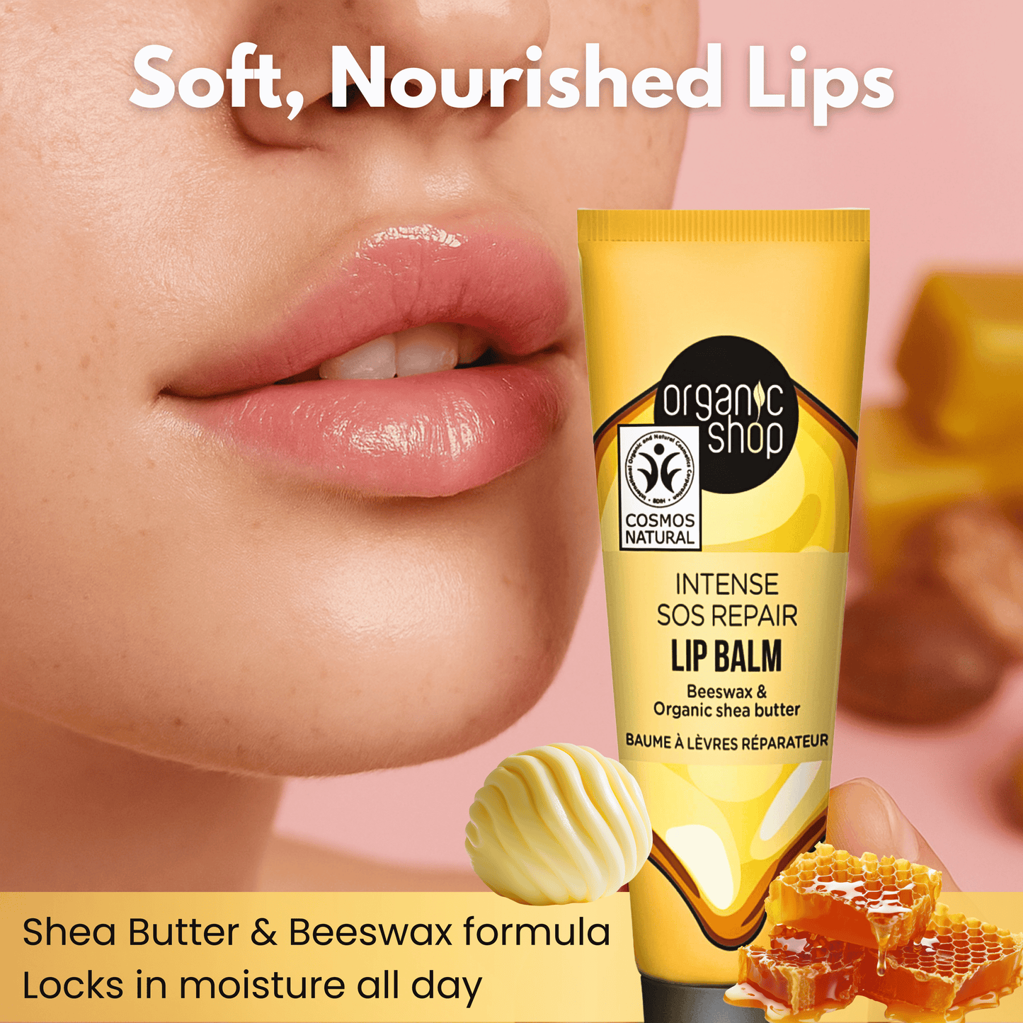 Close-up of lips with beeswax and shea butter lip balm for hydration and repair, creamy yellow packaging