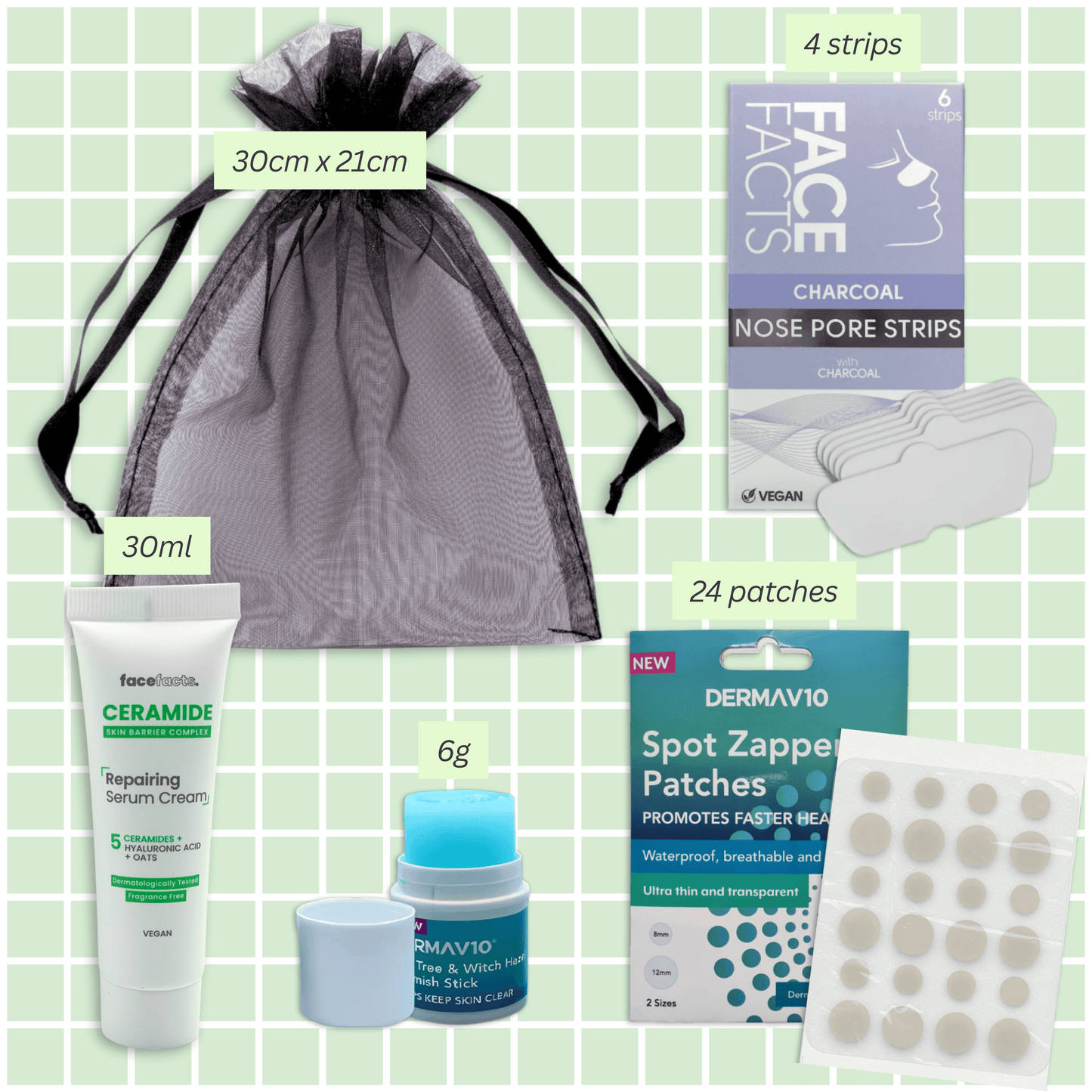Visual breakdown of 4-piece spot care kit with item sizes and descriptions