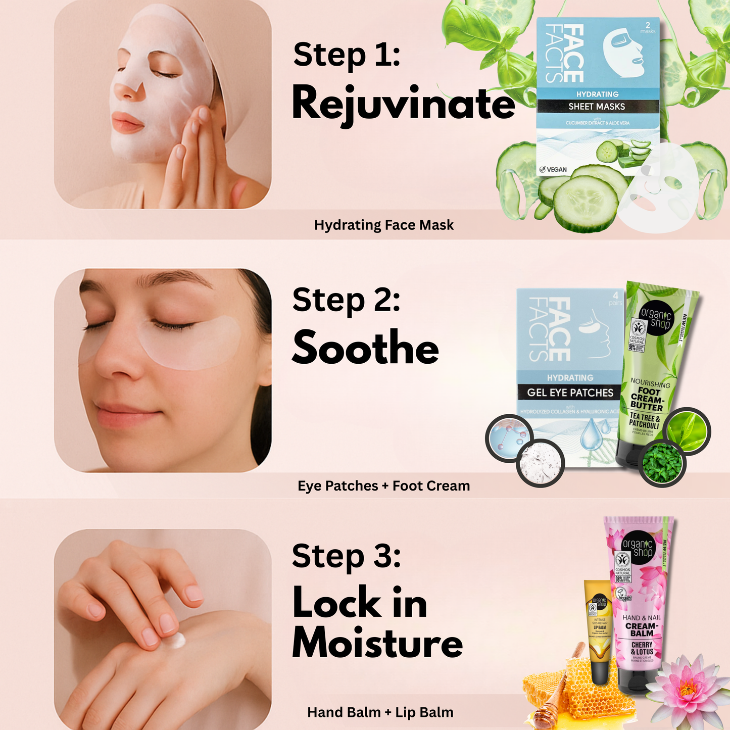 Self-care routine infographic with face mask, eye patches, foot cream, hand balm, and lip balm for full pamper session