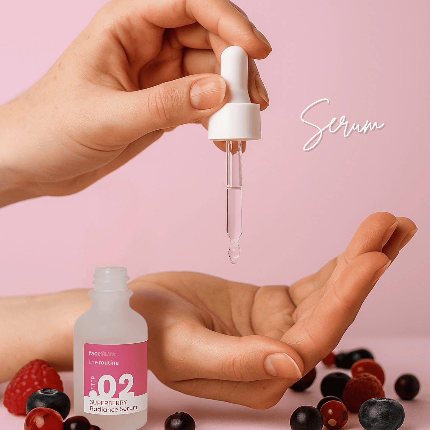 Superberry Radiance Serum dropper being dispensed, surrounded by berries, perfect for brightening skin tone.