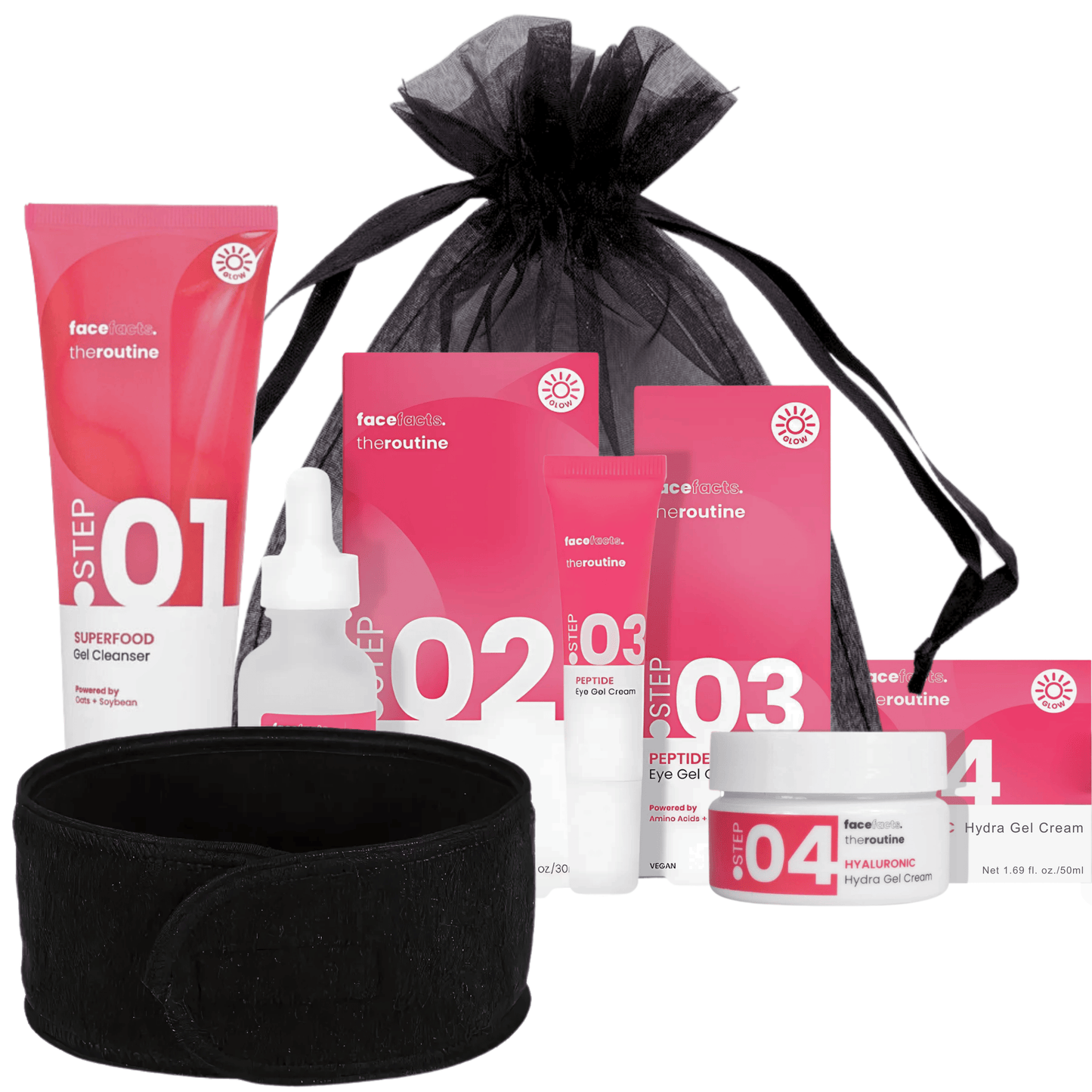 Full 5-piece Superfood Skincare Gift Set with cleanser, serum, eye cream, moisturizer, headband, and pouch.