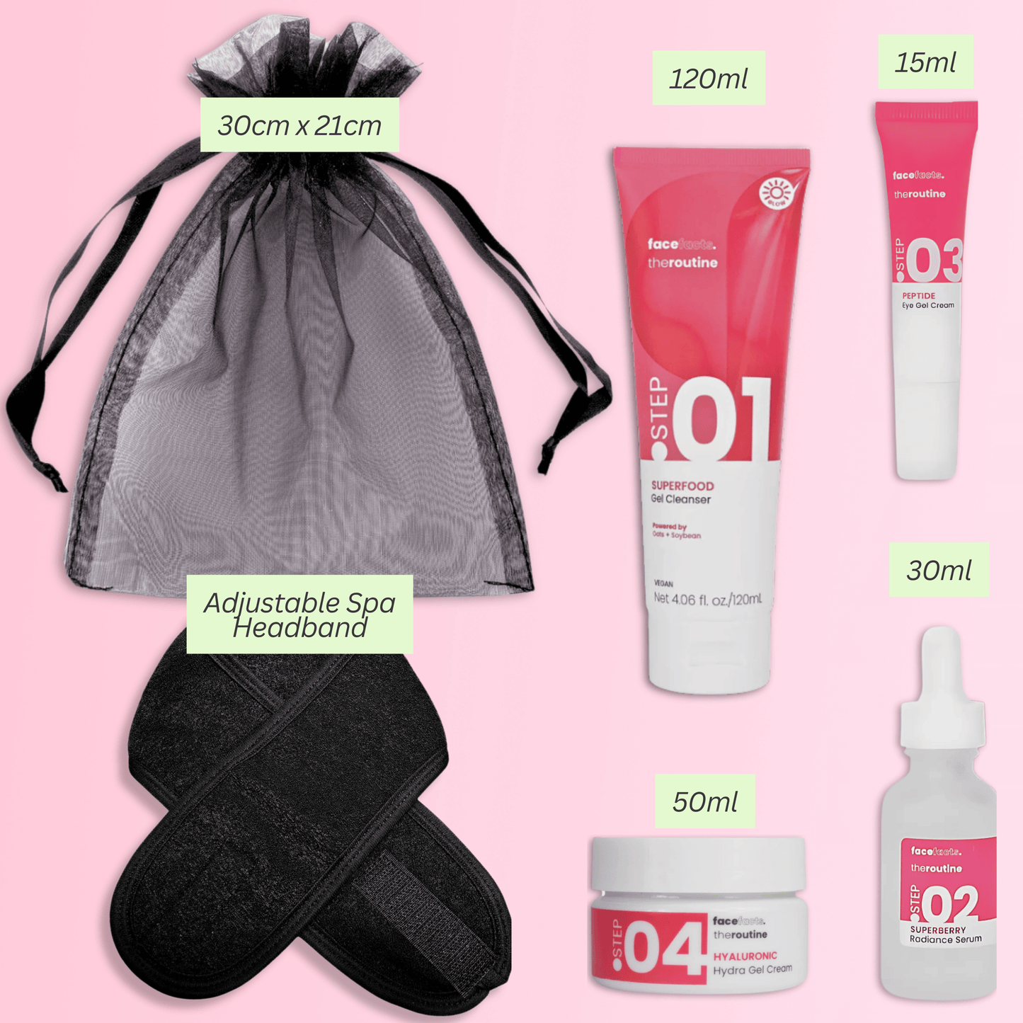 Superfood skincare set contents with volume and size details for each product including spa headband and pouch.