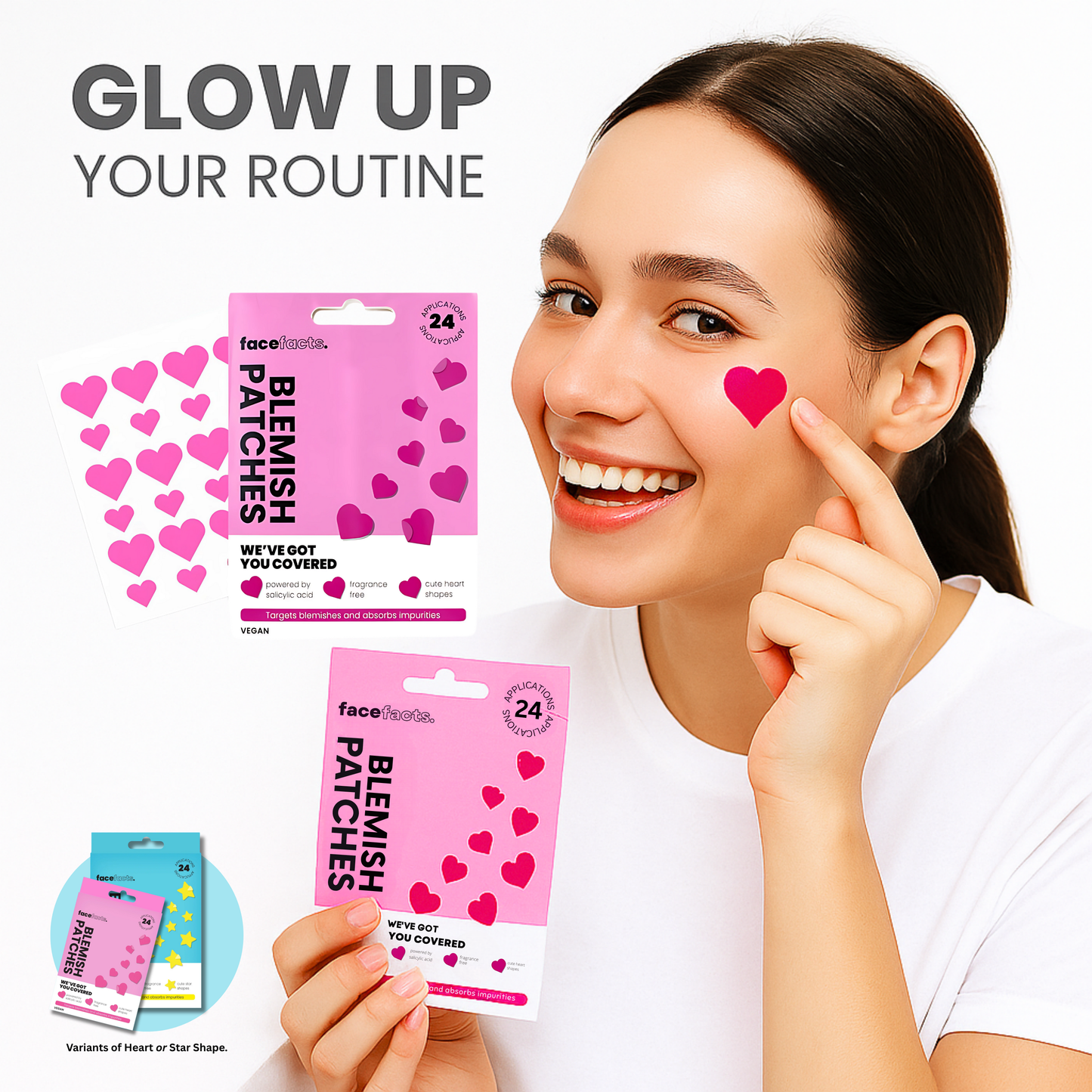 Smiling teen girl applying heart-shaped blemish patch – part of skincare gift set