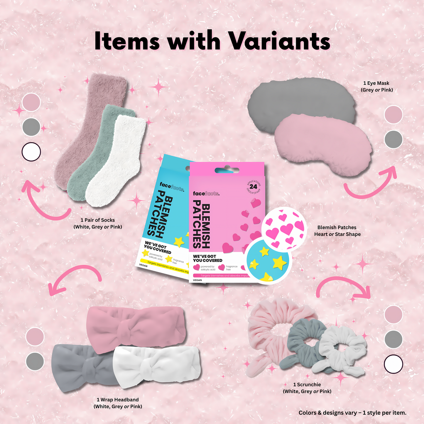 Color variants of socks, headbands, scrunchies, eye masks, and blemish patches from teen spa gift set