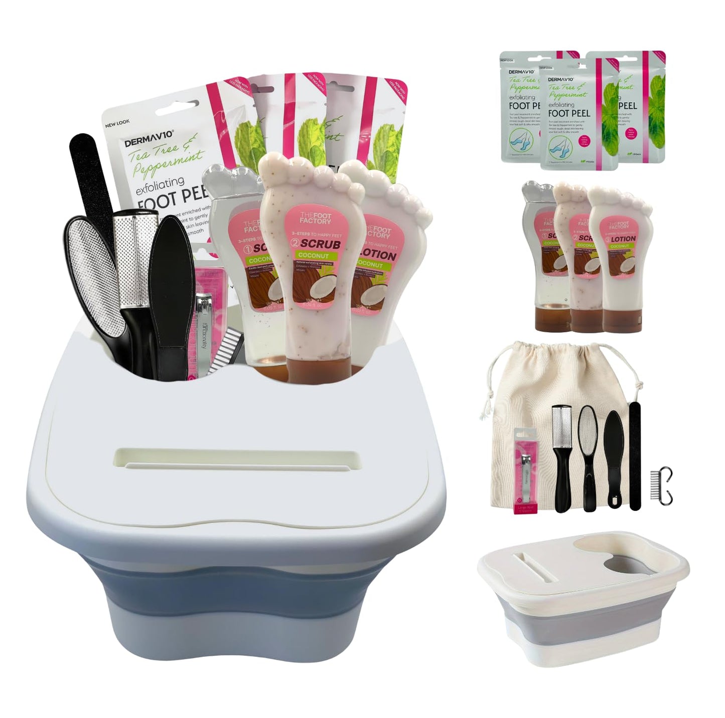 Complete coconut foot spa kit featuring a foldable foot tub, coconut-scented foot lotion and scrub, exfoliating foot masks, and a full pedicure tool set with storage pouch — ideal for at-home foot care and pampering.