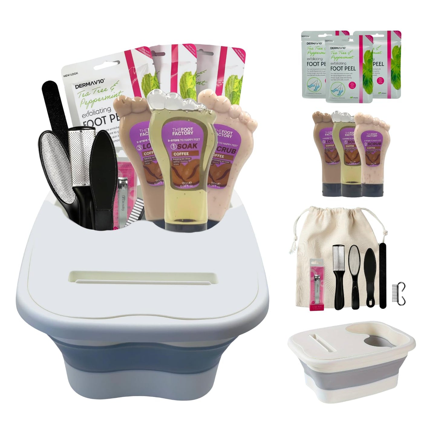 Coffee foot spa gift set with a collapsible tub, coffee-infused foot soak, scrub, and lotion, three exfoliating foot masks, and a full pedicure tool kit with storage pouch — a rejuvenating at-home spa solution for tired feet.