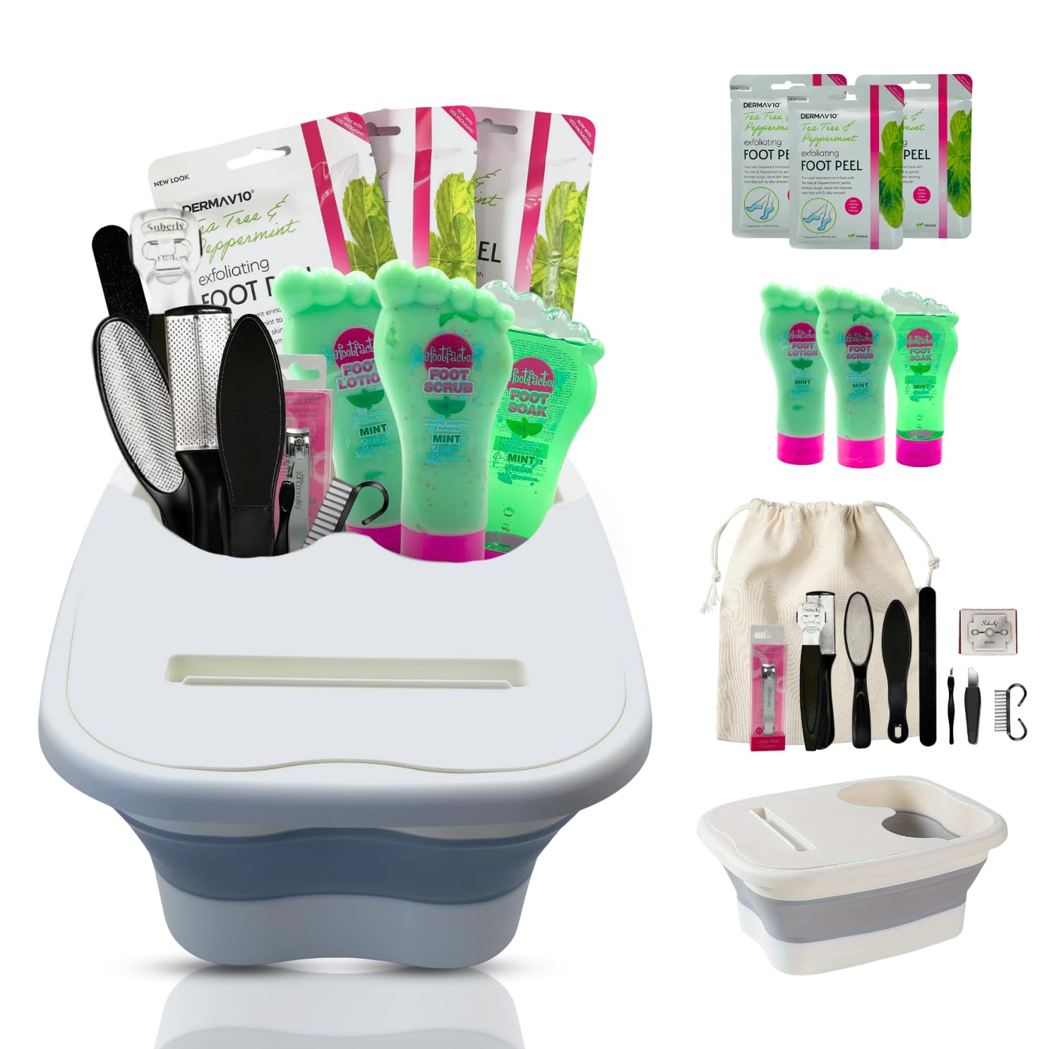 Complete mint foot spa kit with soak, scrub, lotion, foot peel masks, tools, and foldable basin – perfect for at-home pedicures.