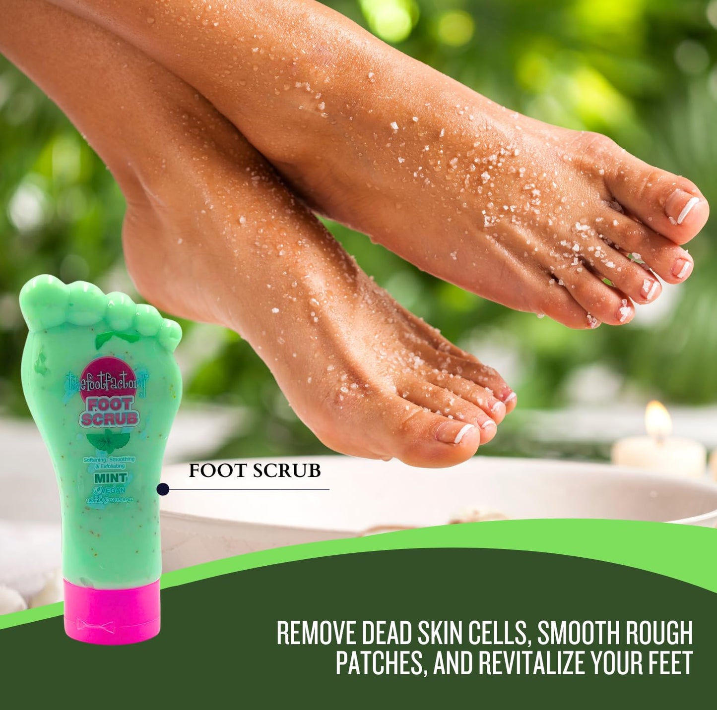 Using mint foot scrub to exfoliate dead skin cells, smooth rough patches, and reveal revitalized, soft feet during a spa treatment.
