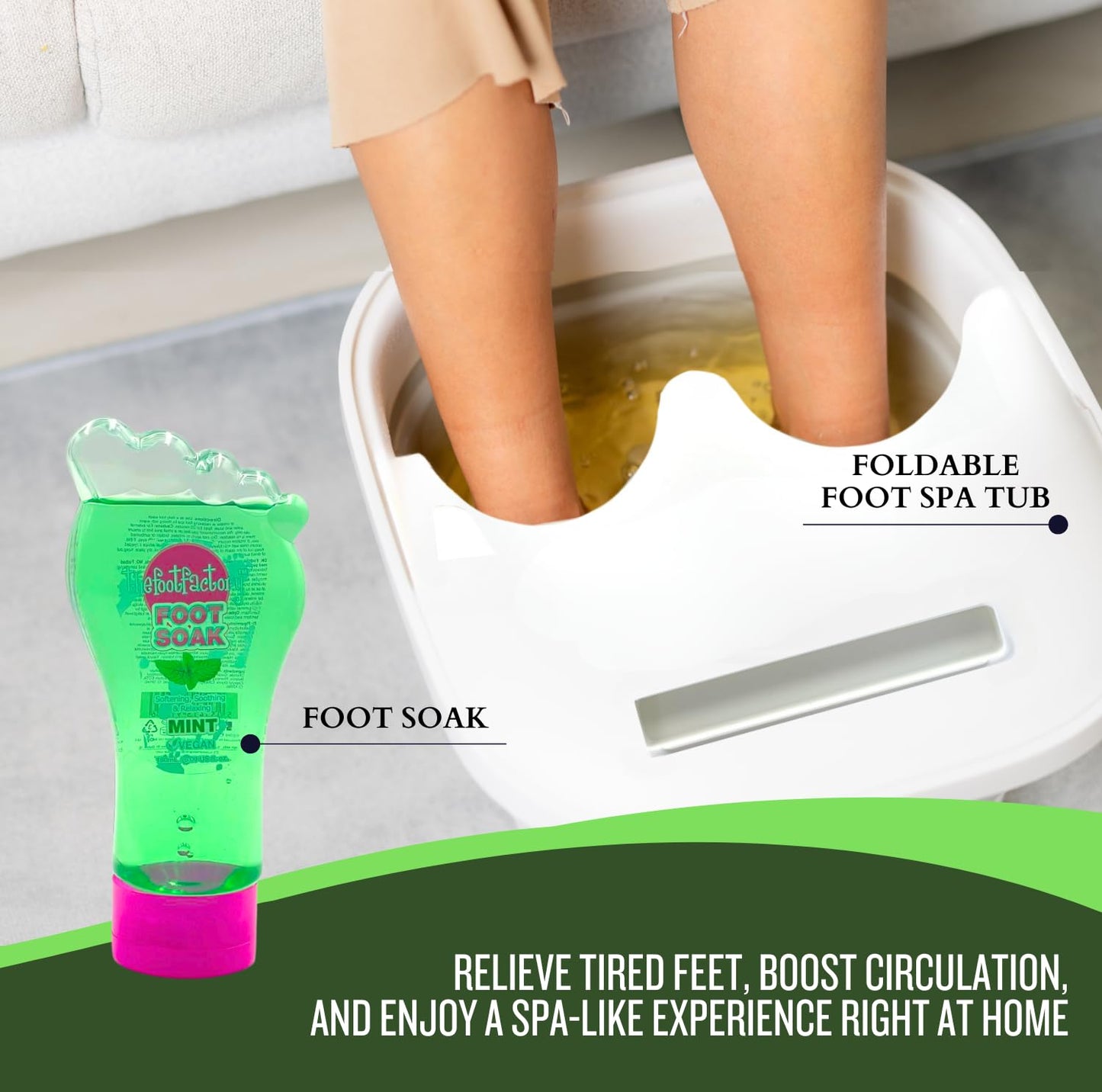 Woman soaking feet in foldable foot spa tub with mint foot soak for relaxing at-home pedicure and improved circulation.
