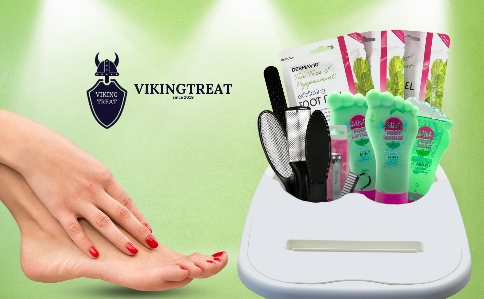 VikingTreat foot spa gift bundle with mint foot care products, exfoliating masks, pedicure tools, and logo — ideal for relaxing self-care routines.