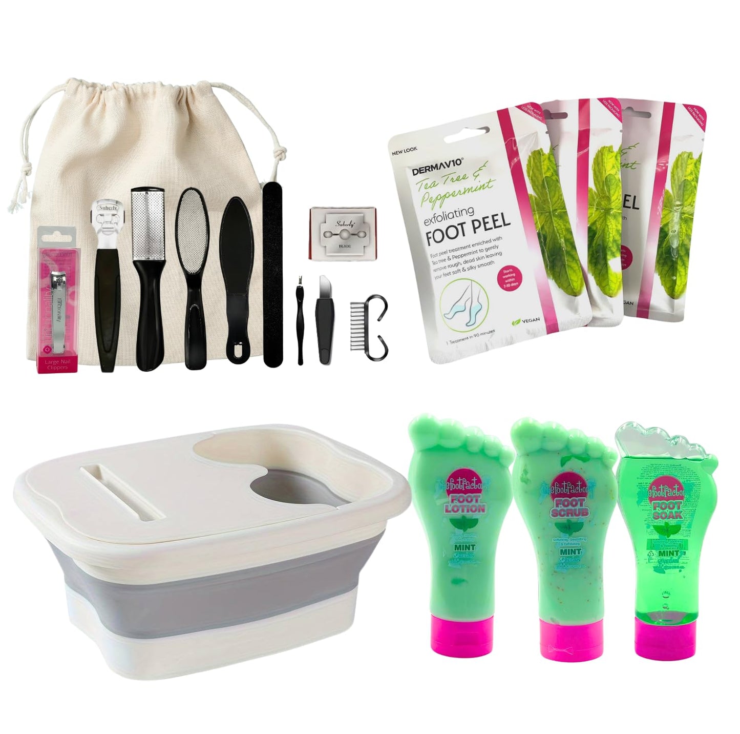 Complete VikingTreat mint foot care kit with tools, foot soak, scrub, lotion, peel masks, and foldable foot spa basin.