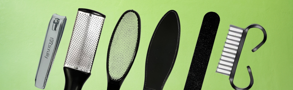 A set of black and silver foot care tools including nail clipper, foot file, rasp, emery board, and nail brush arranged on a light green background — ideal for home pedicures and smooth feet.