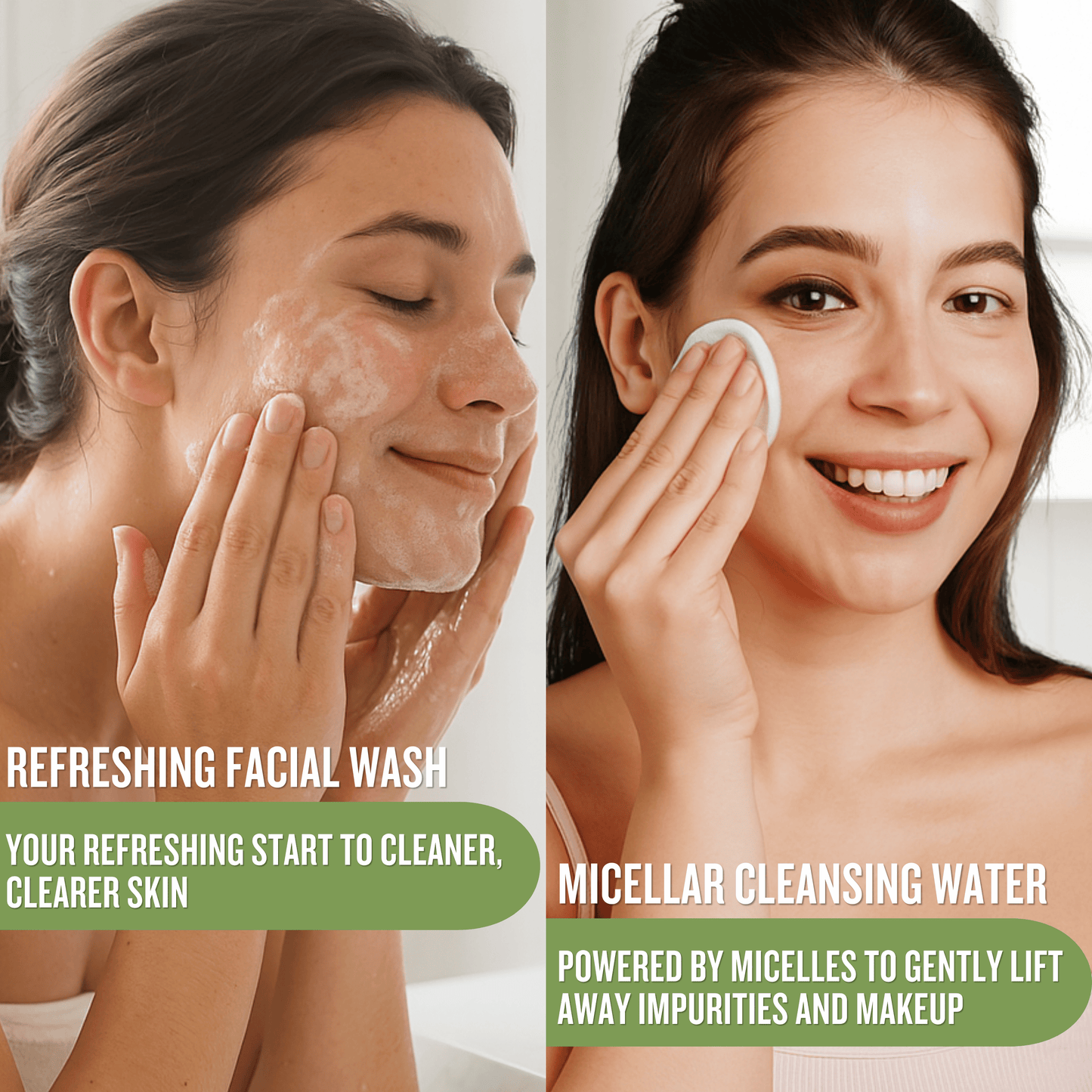 Model using refreshing facial wash and micellar cleansing water as part of calming skincare routine