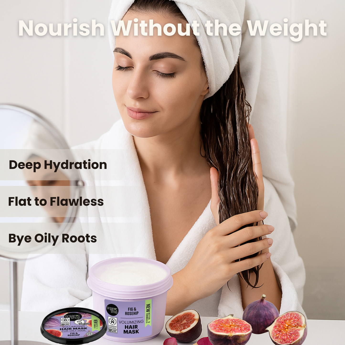 Woman applying fig & rosehip hair mask for oily roots, mirror bathroom setting, product jar open with creamy texture.