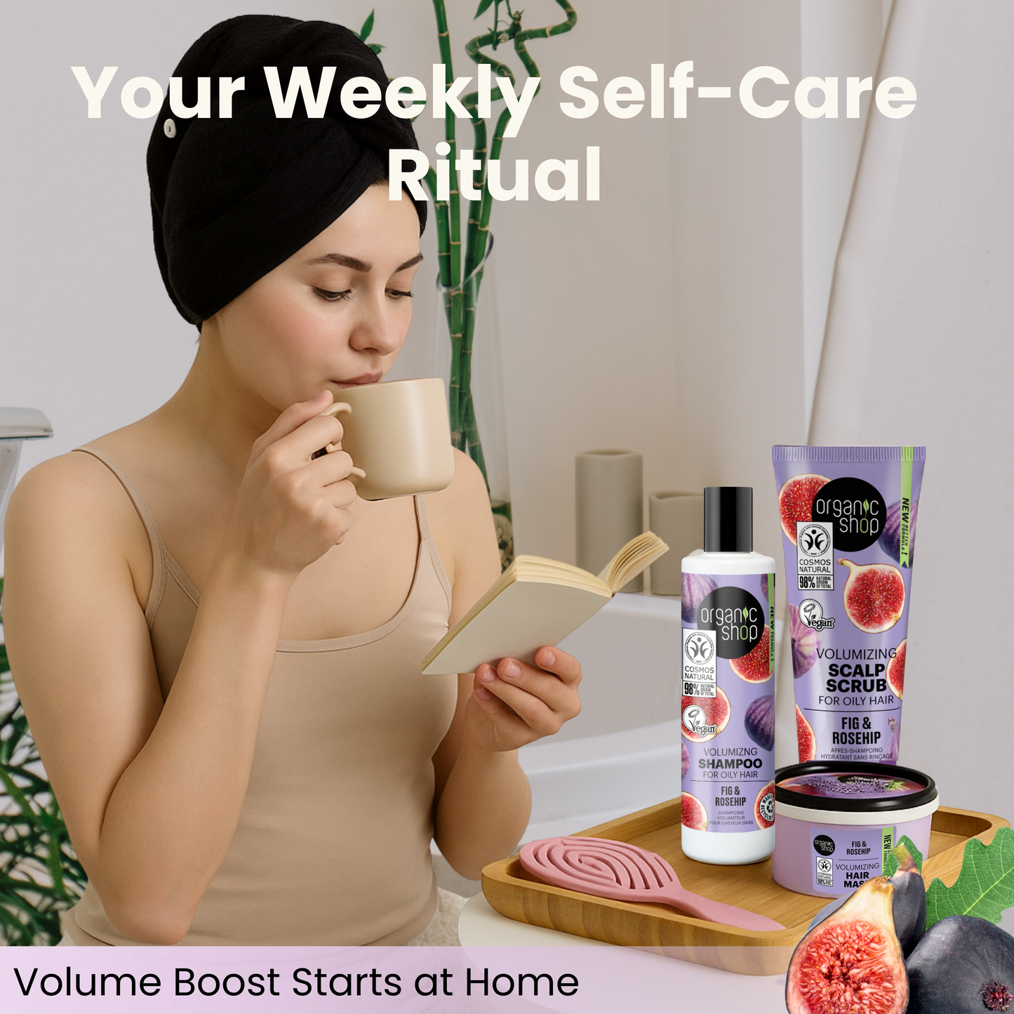 Woman sipping tea with towel wrap, fig & rosehip shampoo, scrub, mask and pink brush in cozy home spa setting.