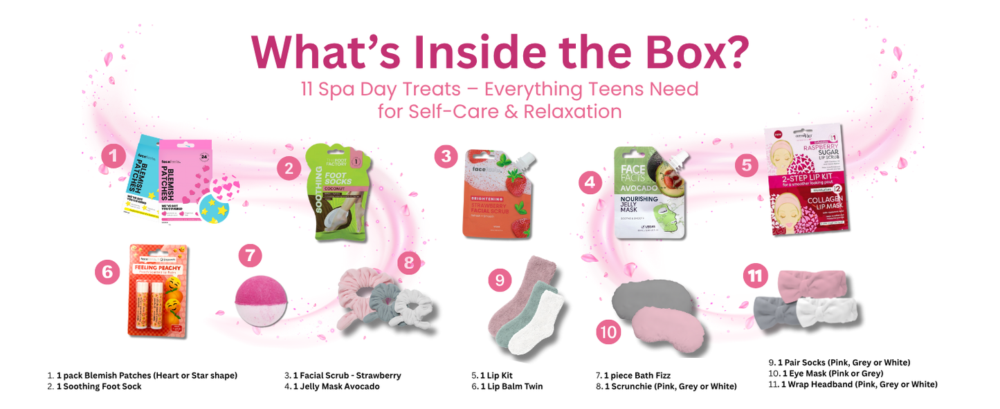Contents of Teen Pamper Gift Set – 11 Spa Day Essentials for Girls Including Masks, Lip Care, and Accessories