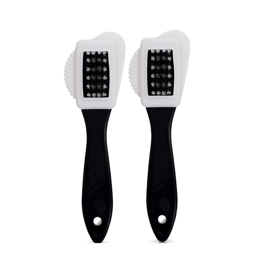 Dual sided suede and nubuck cleaning brush with black handle on white background for gentle stain removal

