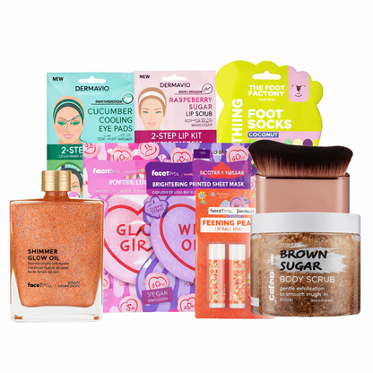 Beauty pamper gift set with skincare masks, lip care, shimmer body oil, foot socks, kabuki brush and brown sugar body scrub on white background