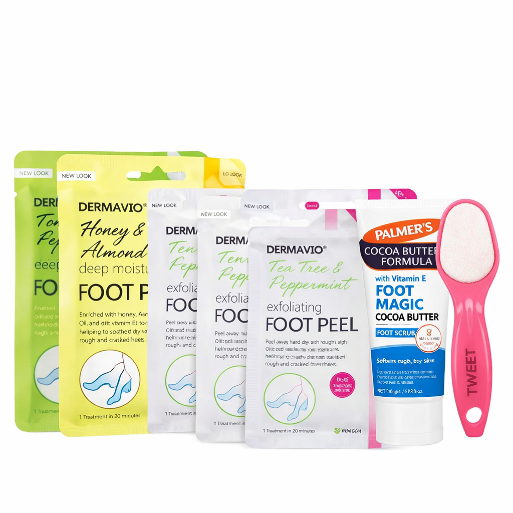 Deep moisturising foot care bundle with exfoliating foot peel masks, foot pack treatments, cocoa butter foot scrub and pink foot file for dry and cracked feet