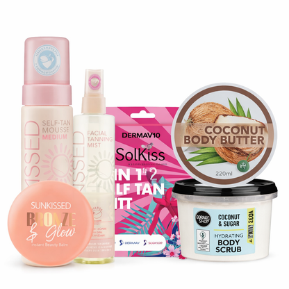 Dermav10 SolKiss medium self tan gift set with mousse, mist, mitt, gloves, body scrub, body butter and bronzing pearls