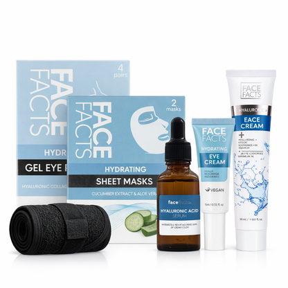 Face Facts Hyaluronic skincare gift set including face cream, eye cream, serum, hydrating sheet masks and gel eye patches arranged on white background