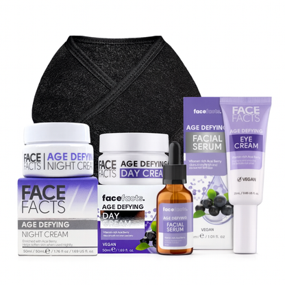 Face Facts age defying acai berry skincare gift set including day cream, night cream, facial serum, eye cream and adjustable spa headband.