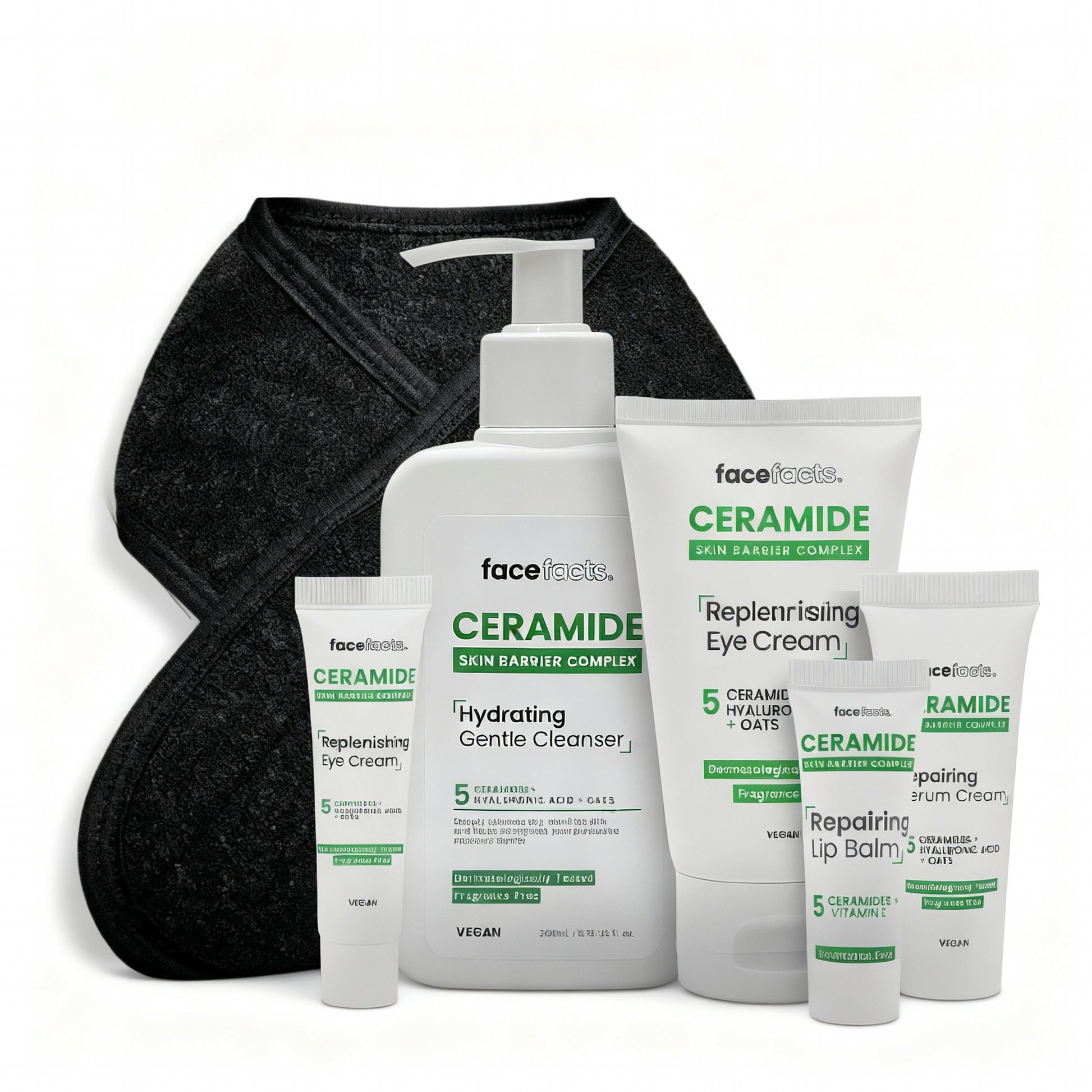 Face Facts ceramide sensitive skin gift set showing cleanser, gel cream, serum cream, eye cream, lip balm and spa headband on white background.