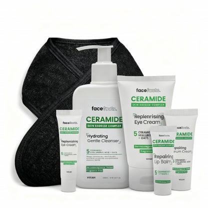 Face Facts ceramide sensitive skin gift set showing cleanser, gel cream, serum cream, eye cream, lip balm and spa headband on white background.