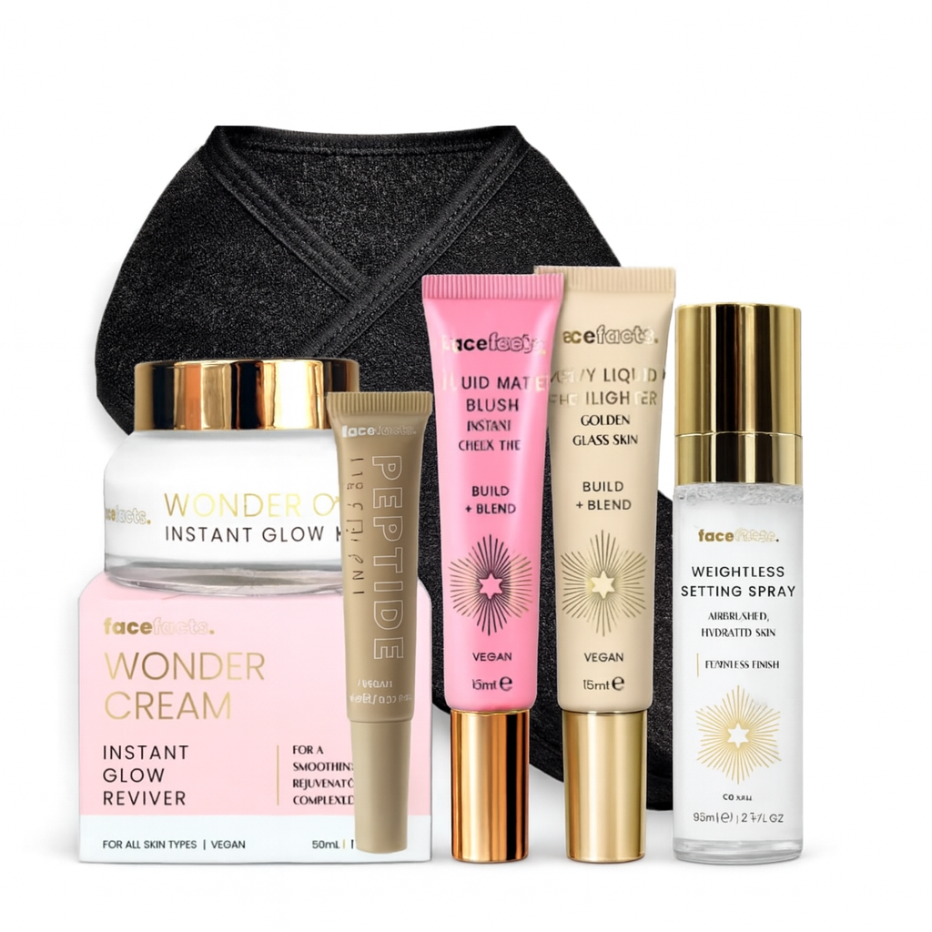 Face Facts instant glow makeup set showing glow cream, liquid blush, liquid highlighter, lip treatment, setting spray and spa headband.