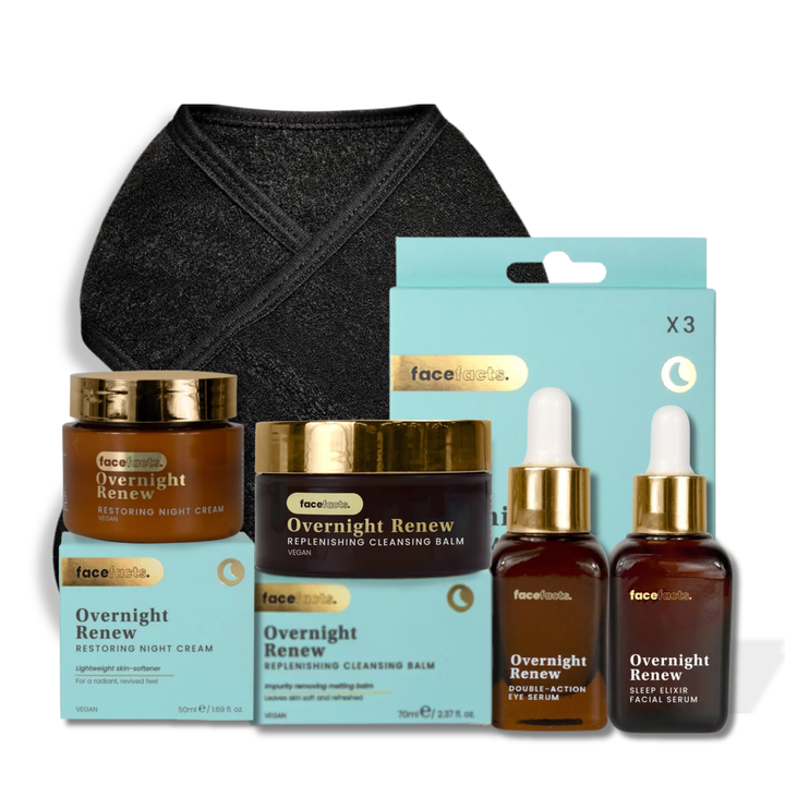 Face Facts Overnight Renew night skincare gift set featuring night cream, cleansing balm, facial serum, eye serum, neck masks and spa headband presented in premium gift packaging suitable for all occasions, ideal for birthdays, Christmas, Mother’s Day and self-care gifting.