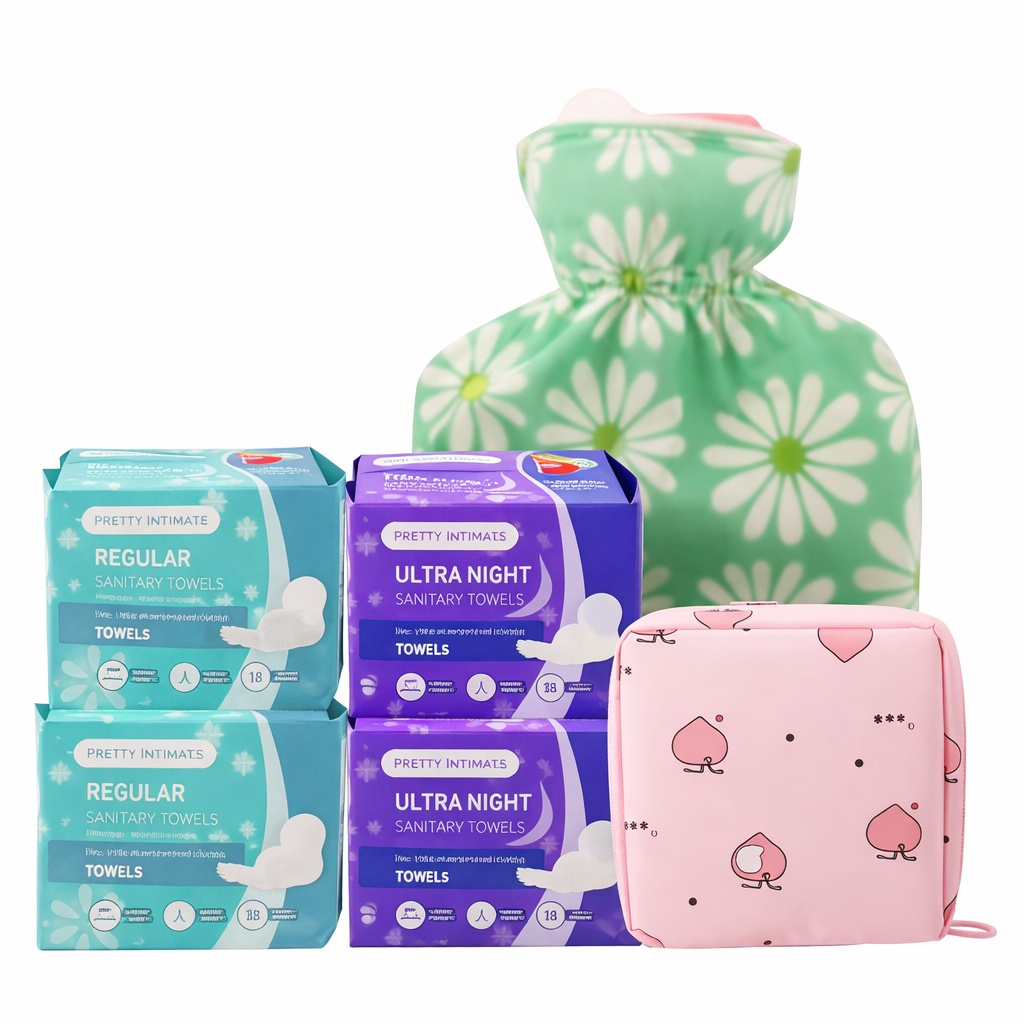 First period emergency kit contents showing sanitary pads, hot water bottle, and portable pouch for girls period starter set