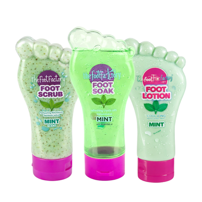 Mint foot care set with foot scrub, foot soak and cooling foot lotion for refreshing and revitalising tired feet