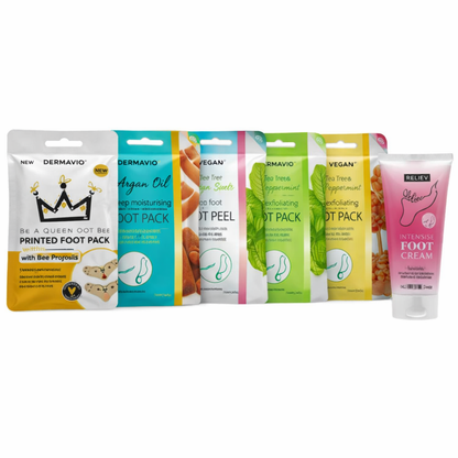 Foot care pamper set with Dermavio foot packs, exfoliating foot peel, moisturizing foot masks and intensive foot cream for soft smooth feet