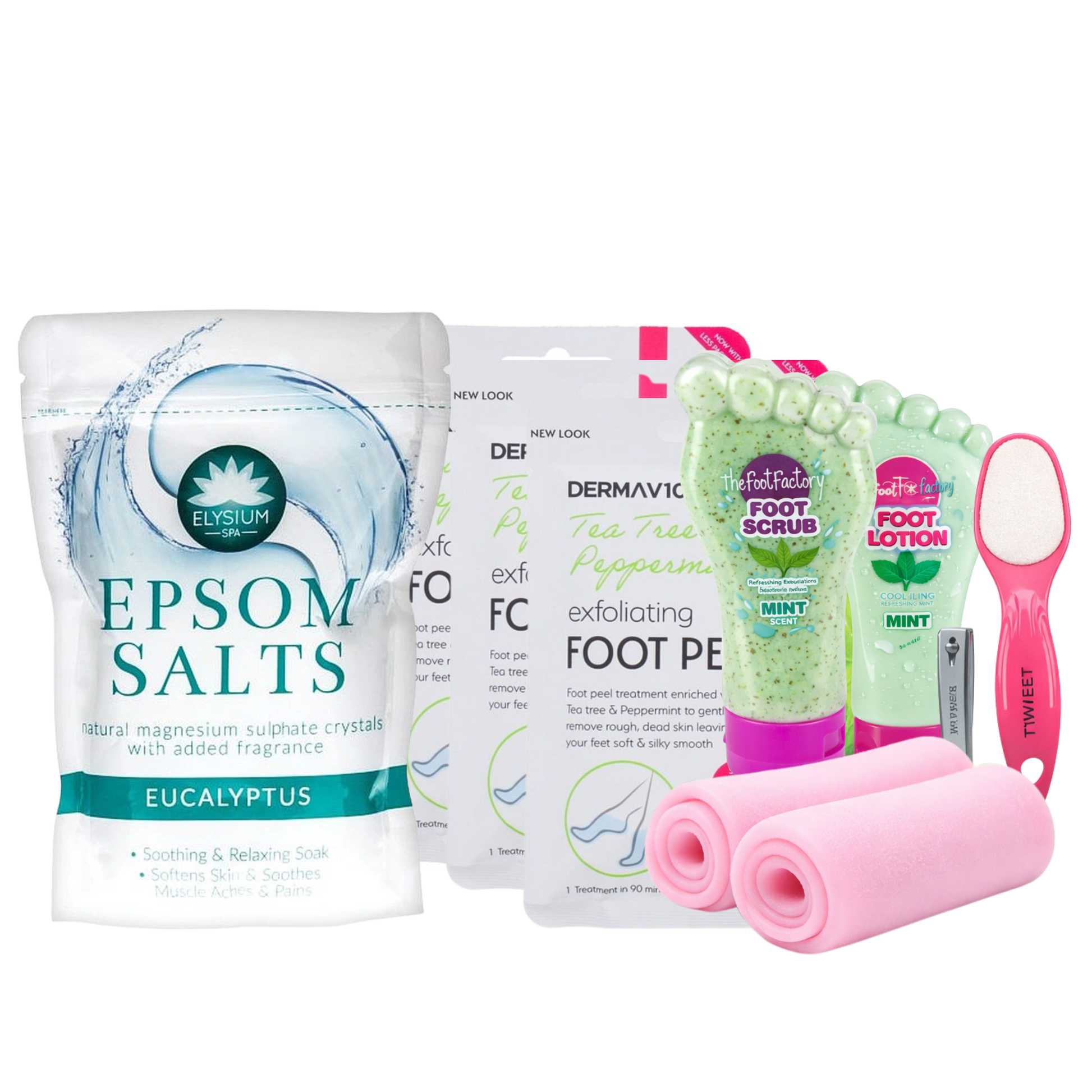 At-home foot care spa gift set including eucalyptus epsom salts, tea tree foot peel masks, exfoliating foot scrub, hydrating foot lotion, silicone foot socks and double-sided foot file