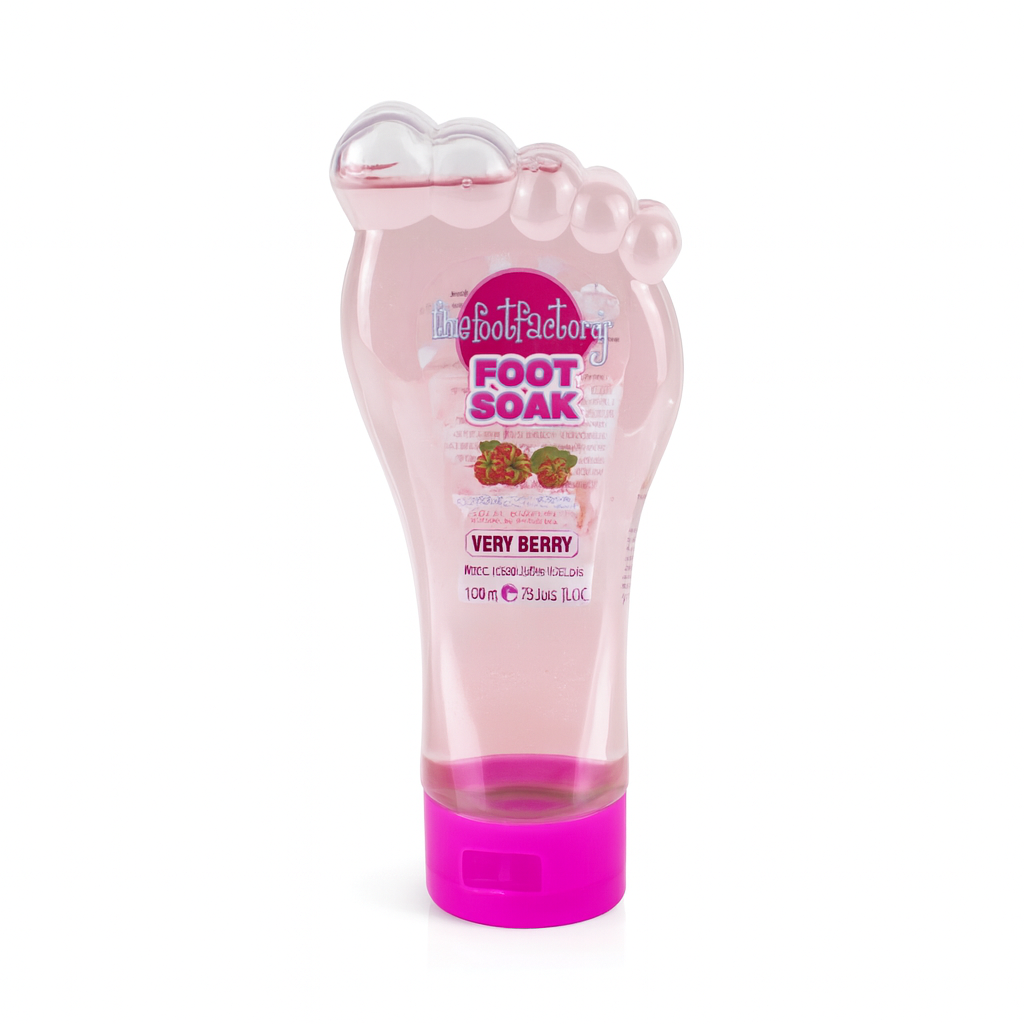 Foot Factory very berry foot soak pink bottles shown on white background, berry-infused vegan foot soak designed to refresh and soften tired feet.