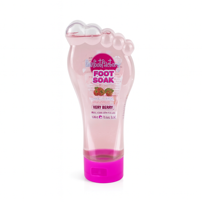 Foot Factory very berry foot soak pink bottles shown on white background, berry-infused vegan foot soak designed to refresh and soften tired feet.