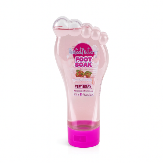 Foot Factory very berry foot soak pink bottles shown on white background, berry-infused vegan foot soak designed to refresh and soften tired feet.