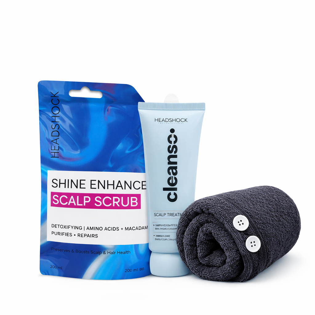 Headshock scalp revival set featuring shine enhance scalp scrub, cleanse scalp treatment and black microfiber hair wrap towel for at home scalp care.