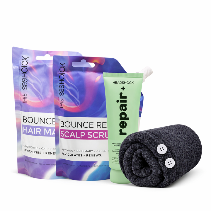 Headshock scalp scrub and hair mask bundle with repair treatment and hair towel wrap, designed for complete scalp and hair care.